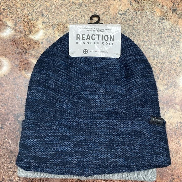 NWT 2 Reaction Kenneth Cole men’s beanies caps hats 1 lined 1 not grey/blue OS - Picture 1 of 8